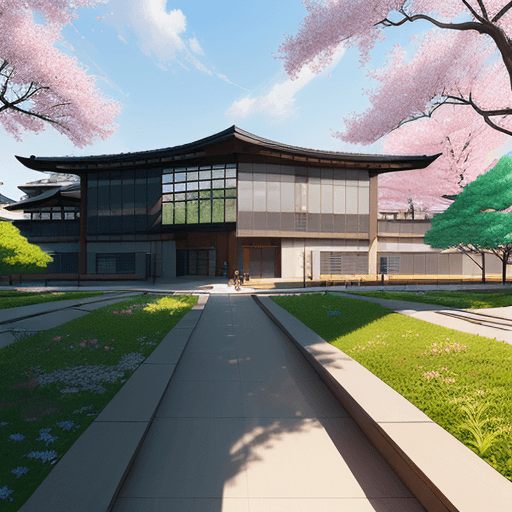 AI generated: A modern style school, warm spring season, front view, popularity of Art Station, 4k, patent art, co...