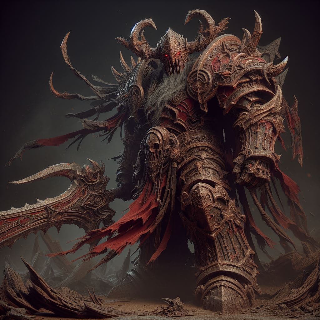 AI generated: the world of warcraft image of a large viking character with swords, in the style of dark bronze and...
