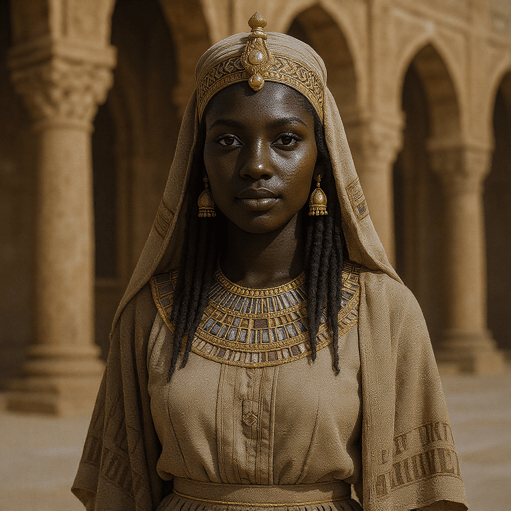AI generated: Textured and detailed. Arabesque style. A dark-skinned Egyptian woman in traditional garb is standin...
