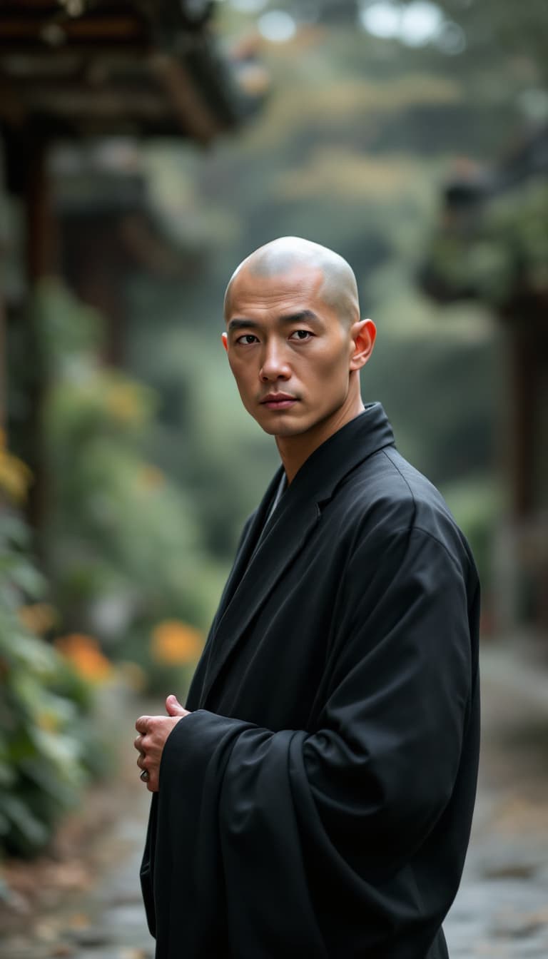 AI generated: photograph, portrait of a zen monk looking at the camera, professional pose, minimalist suits, no ha...