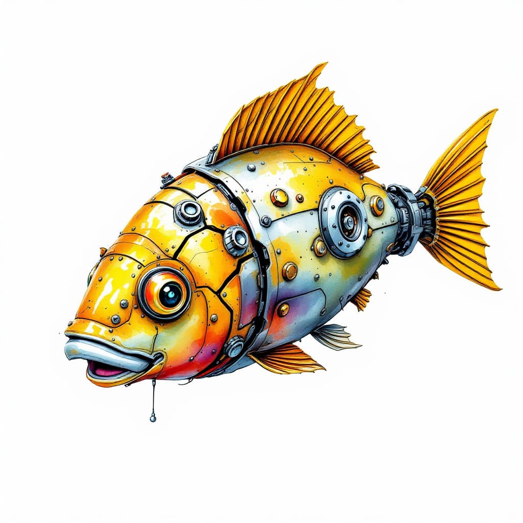 AI generated: Create a watercolor art, which depicts a mechanical fish with metallic scales, bolts, and rivets.