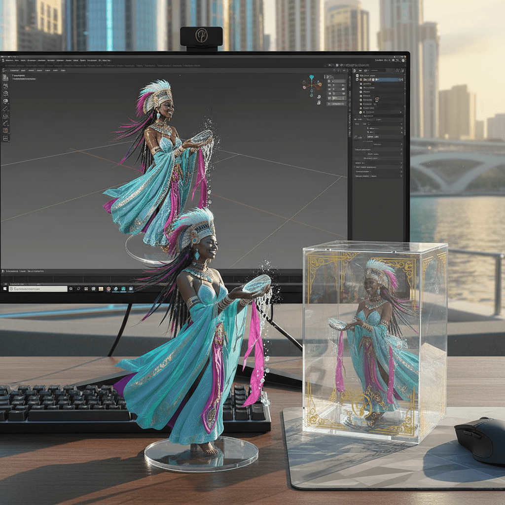 AI generated: Transforming the photographed person into a realistic 3D figurine in front of a computer desk. The c...