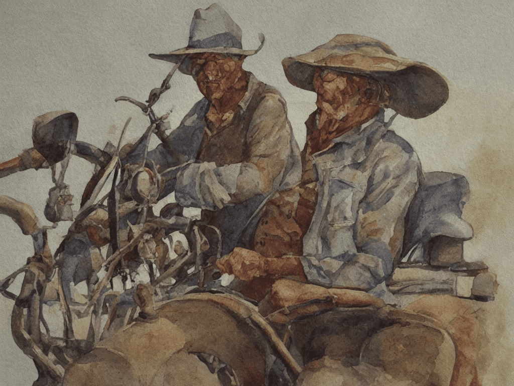 AI generated: old farmer is wearing worn and faded coveralls, and a frazzled straw hat as he drives a JOHN DEER tr...