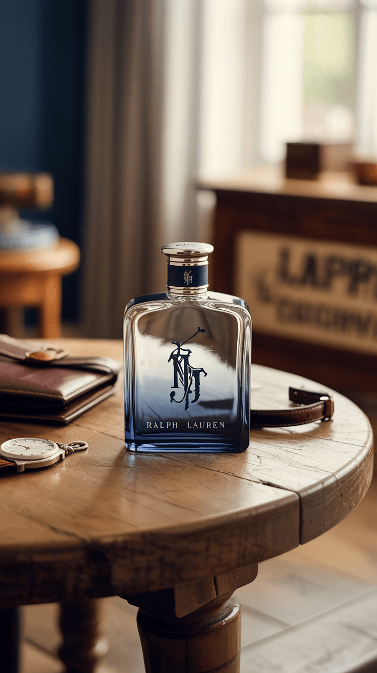 AI generated: A luxurious cologne bottle inspired by Ralph Lauren style, placed on a rustic wooden table with soft...