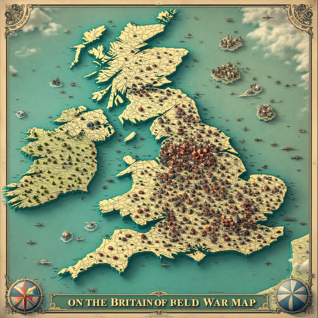 AI generated: Create a 3D detail war map of Britain circa 1942