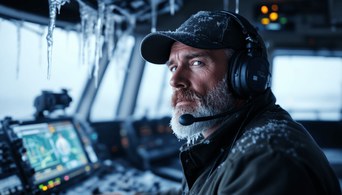 AI generated: Air traffic controller at radar screen frozen with icicles hanging off of him.