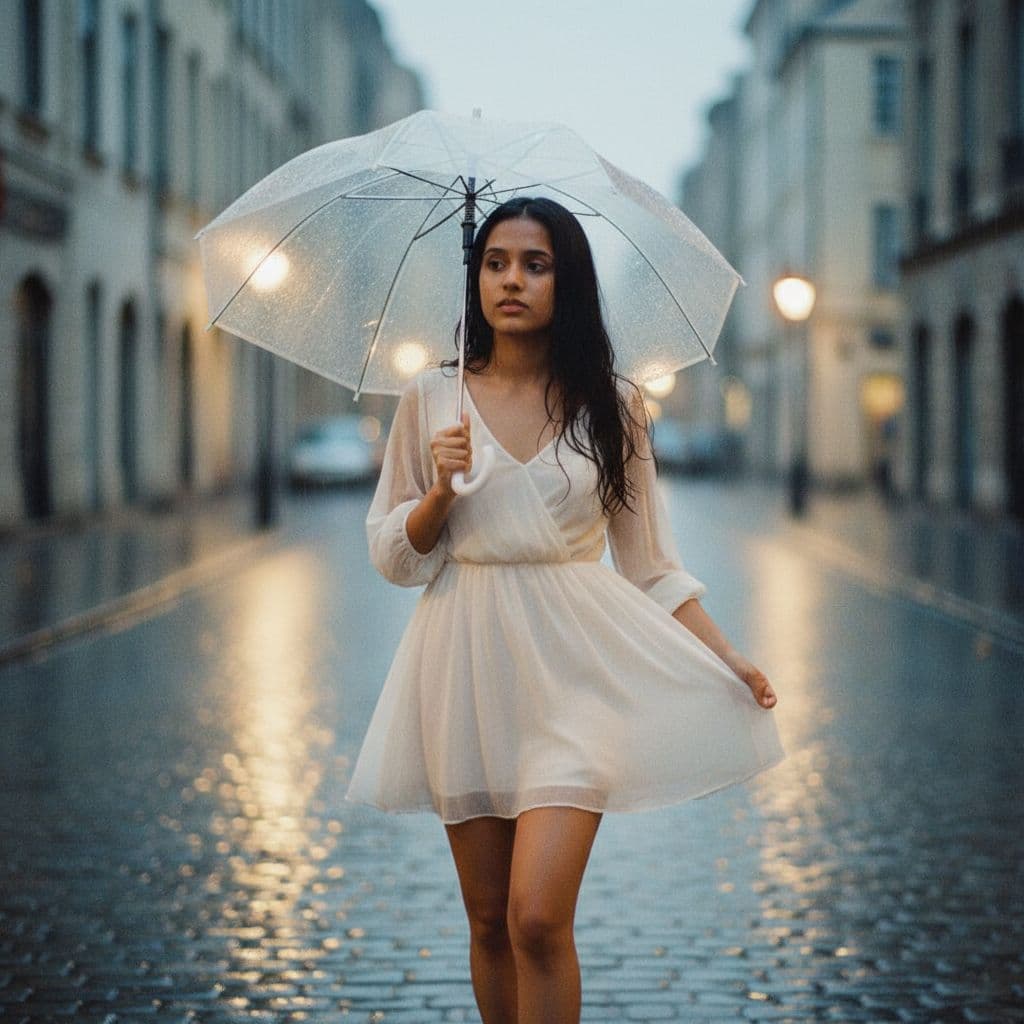 AI generated: 18 year girl, walking in the rain. grainy. verry short dress. photo. made by David Hamilton, 
