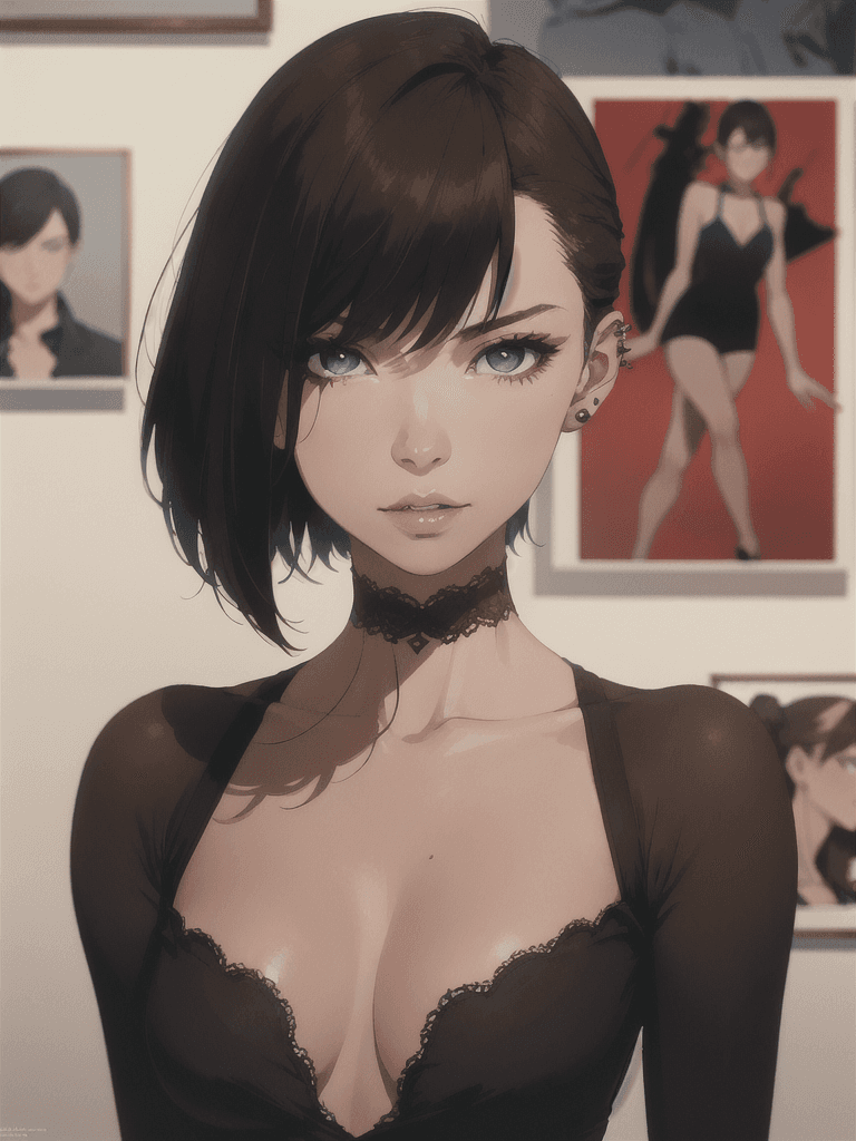 AI generated: A dramatic portrait of a young woman with a stylish haircut and piercing eyes. The photo is shot in ...