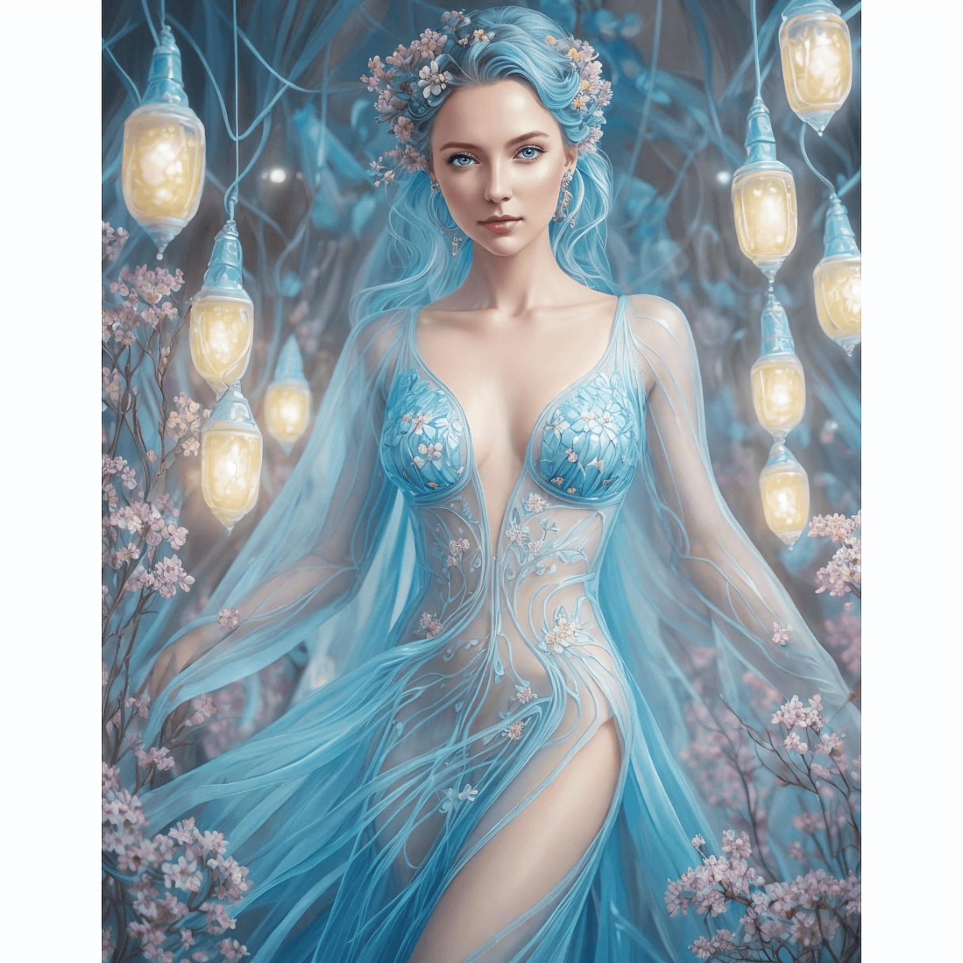 AI generated: painting of woman in light blue transparent resin dress, and lights across her body, with ceramic fl...