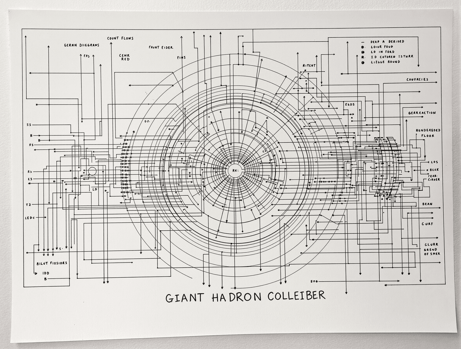 AI generated: engineering diagram sketch, schematic drawing of the Cern Giant Hadron Collider circuit lines, proce...