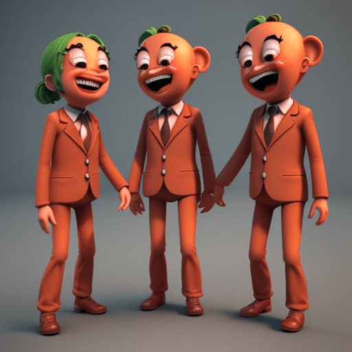 AI generated: Hyper realistic 3d render of 3 little tomatomans talking and laughing, funny , suit
