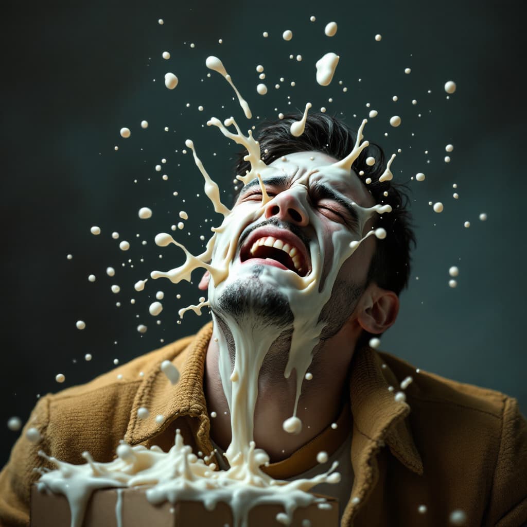 AI generated: box of milk that fell and broke his face is in extreme pain and milk flew in the  air

