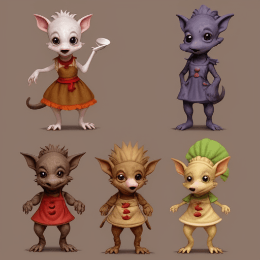 AI generated: create a group of a dozen young kobold of varying ages what are in cookery themed dress