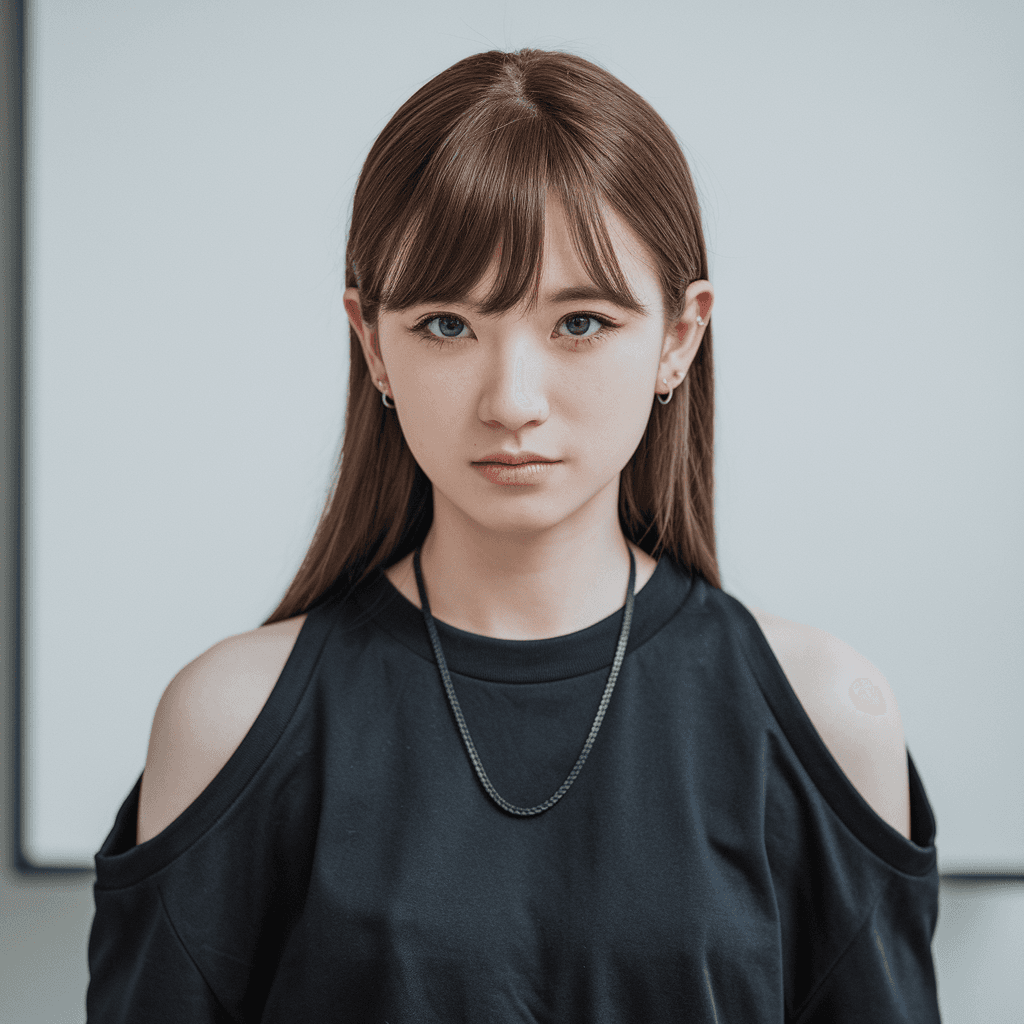 AI generated: beautiful amateur image of an 18 year old Japanese girl, with a mischievous look, serious face, earr...