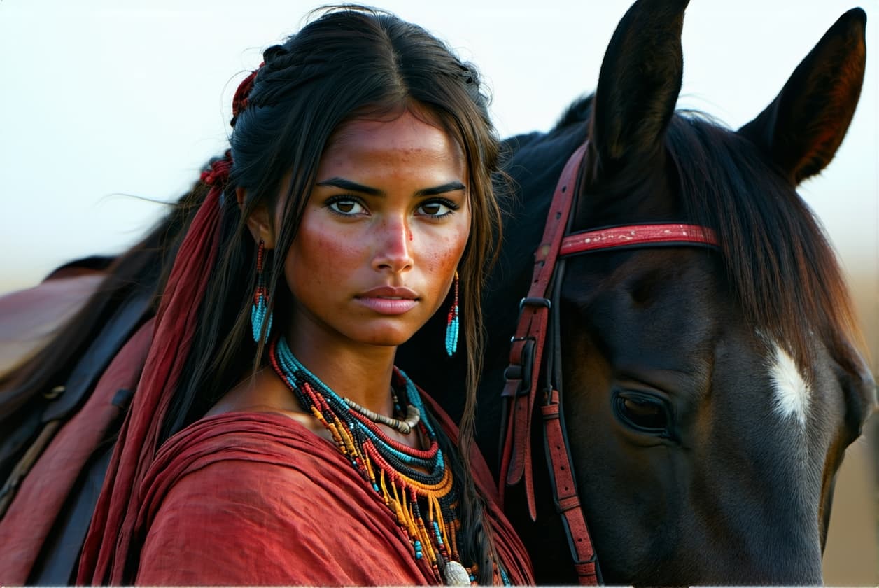 AI generated: Une belle jeune femme amérindienne aux cheveux et aux yeux noirs se tient à côté de son cheval. La f...