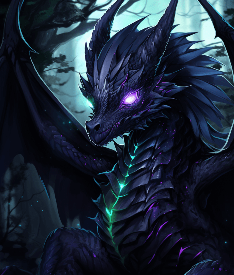 AI generated: a black dragon with purple body, in the style of cute and dreamy, algeapunk, nightcore, dark atmosph...