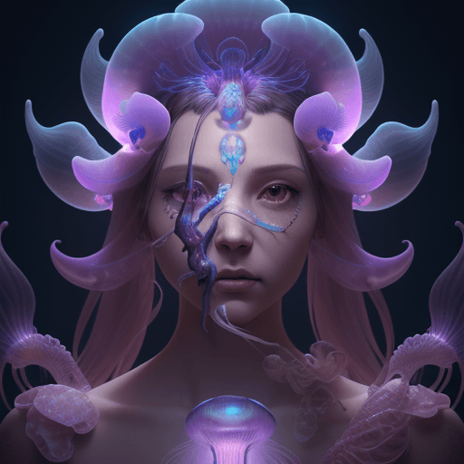 AI generated: Goddess close-up portrait ribcagel. jellyfish phoenix head, nautilus, orchid, skull, betta fish, bio...