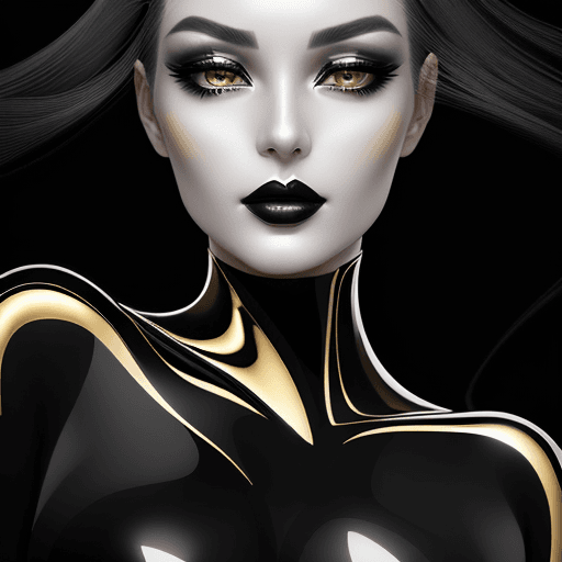 AI generated: Beautiful woman, made up with shiny gold lipstick, like her eyelids, in the style of futuristic mini...