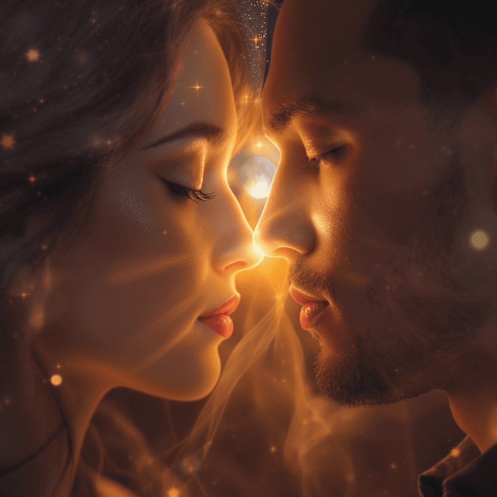 AI generated: a cinematic close-up of two faces, a man and a woman, almost touching but separated by soft transpar...