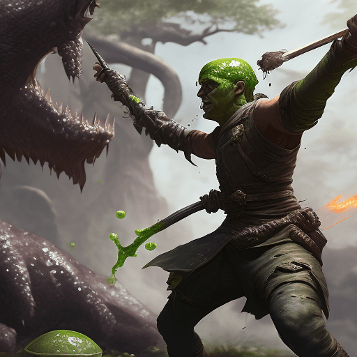 AI generated: "Fantasy one-armed male ranger engaged in intense combat with a slime-covered creature, high detail,...