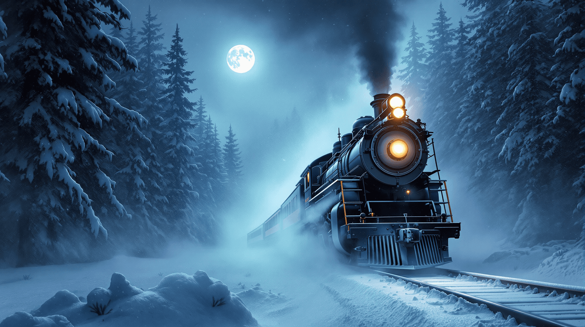 AI generated: A lone steam train, its metallic body gleaming faintly under the moonlight, cuts through a fierce sn...
