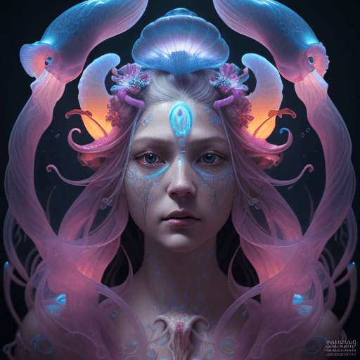 AI generated: Goddess close-up portrait ribcagel. jellyfish phoenix head, nautilus, orchid, skull, betta fish, bio...