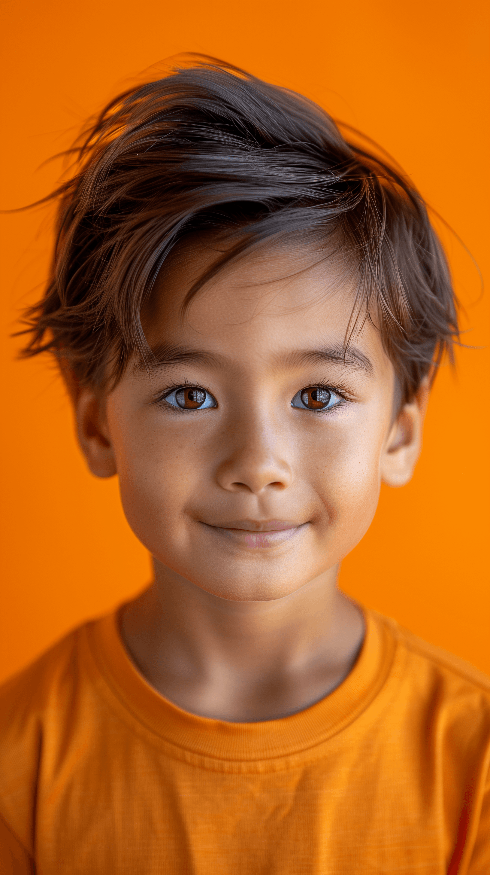 AI generated: high resolution photography, front shot, face close-up, professional 8years old asian boy model, smi...