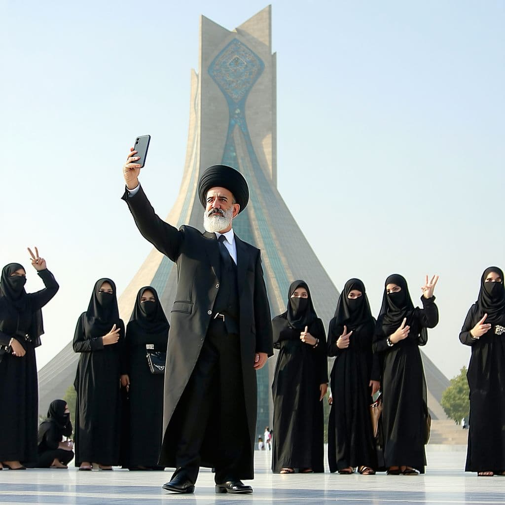 AI generated: “A humorous and surreal scene at Tehran’s Azadi Tower. Nasser al-Din Shah Qajar, the 19th-century Ir...