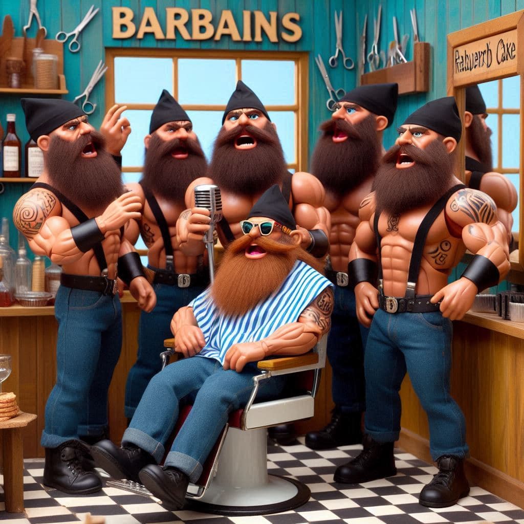 AI generated: barbarians in a barbershop as a barbershop choir, waiting to get shaved, singing a rap song about Ba...