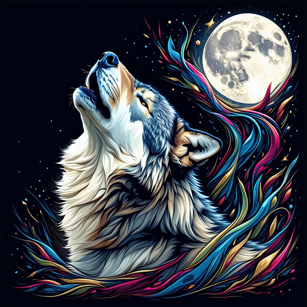 AI generated: chalk portrait of a howling grey wolf, howling to the full moon, surrounded by swirling lines of vib...