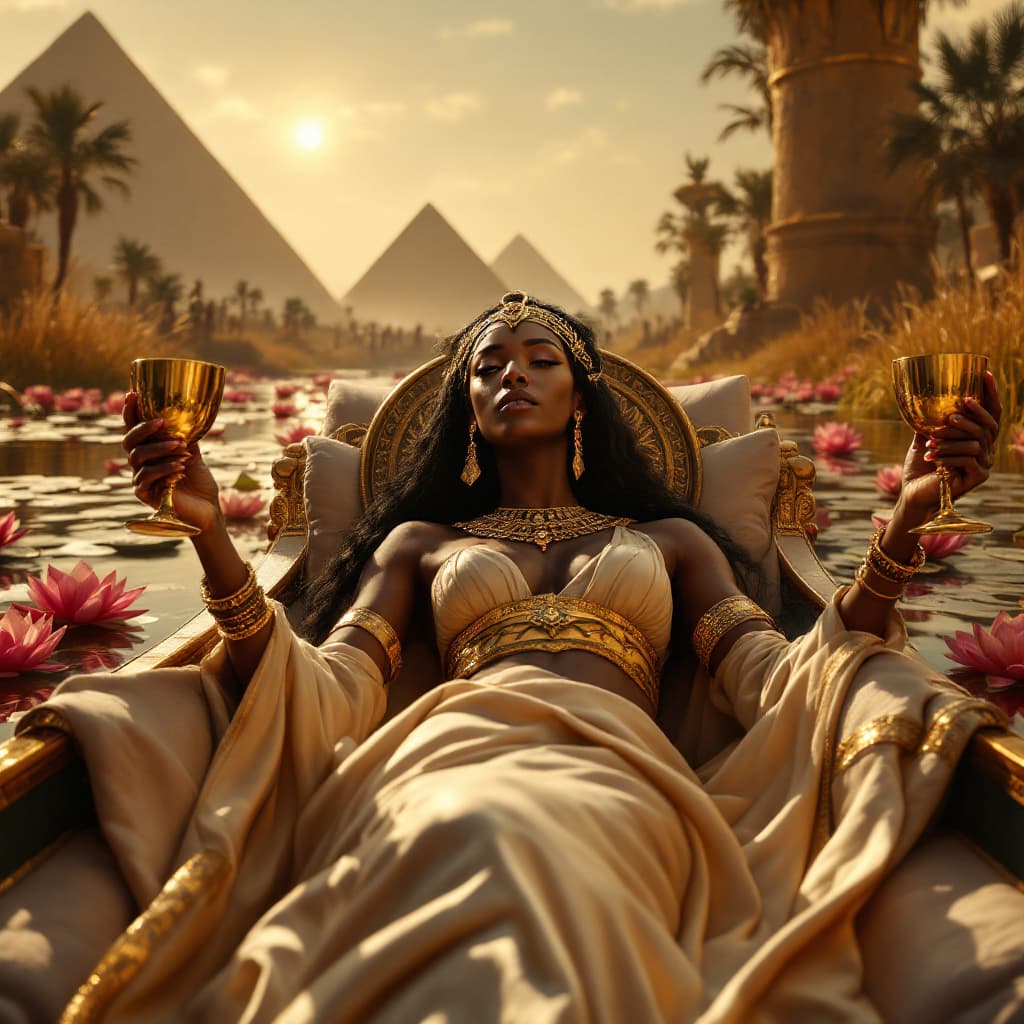 AI generated: A hyper-realistic first-person perspective of black African Cleopatra VII reclining on a silk-covere...