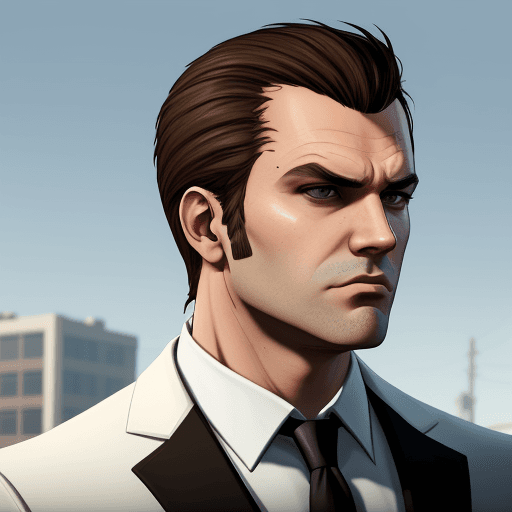 AI generated: gta style, male, side view, business white suit, detalized face, brown hair, look on top, gta styliz...