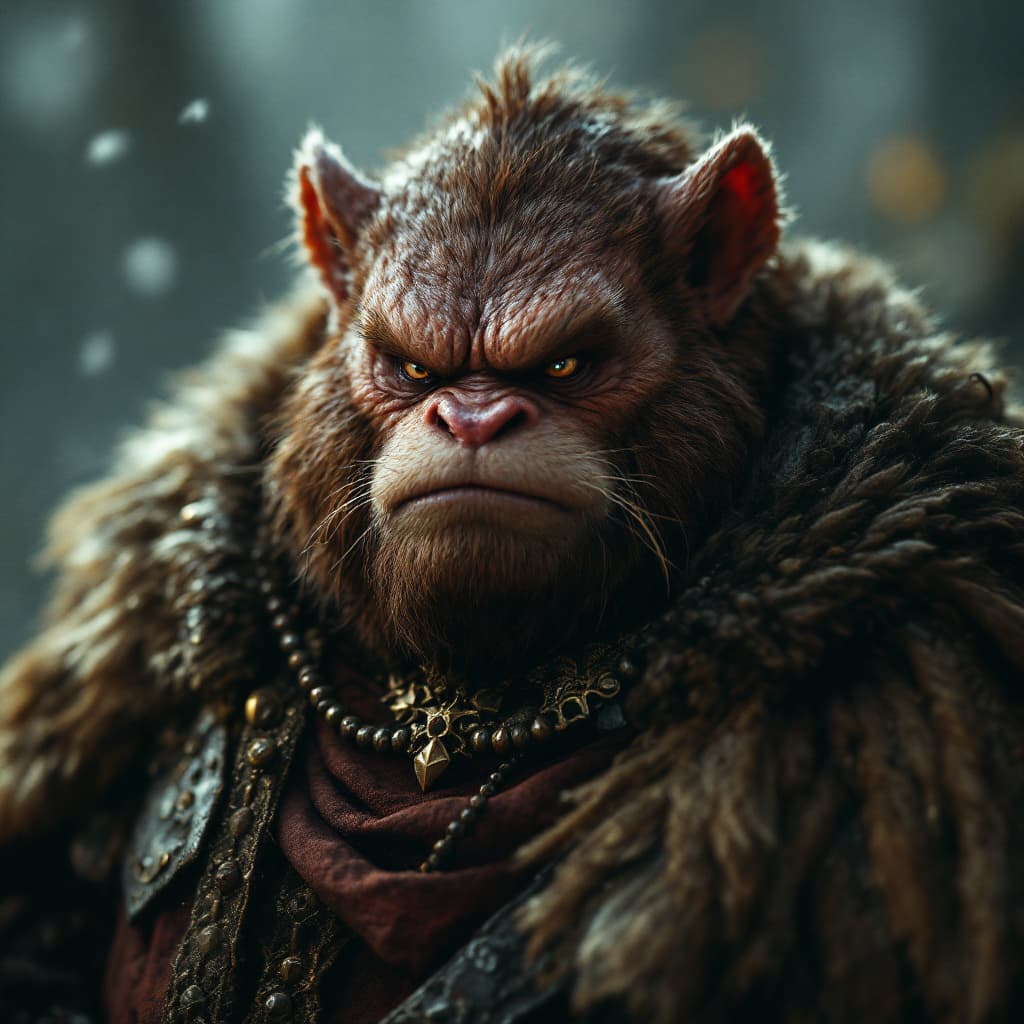 AI generated: cinematic film still awardwinning photo cute stocky snooty brown mole, rust, epic, wearing medivel r...