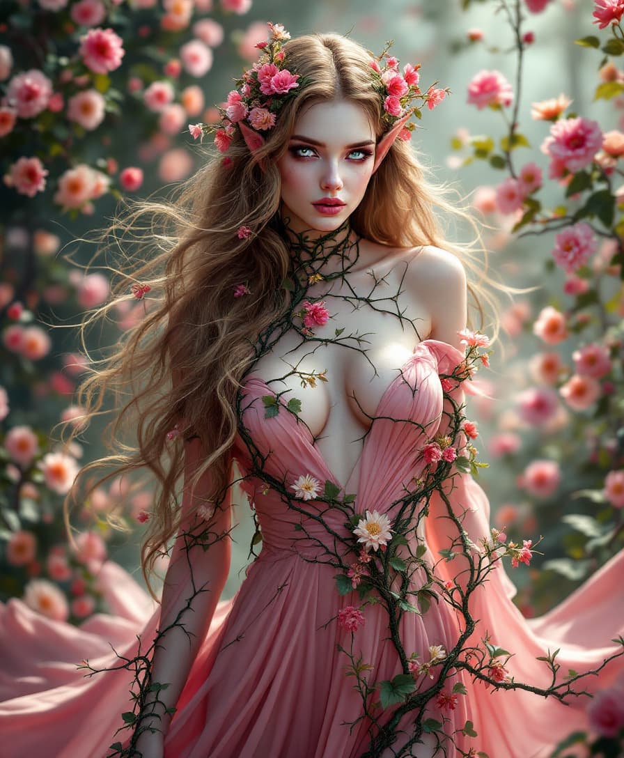 AI generated: "A raw, ultra-realistic fantasy scene featuring a mystical woman pointed ears, with flowing golden-b...