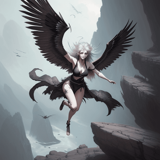 AI generated: A fantasy Anime style painting of female with vulture wings art character with wide clothes, grim fa...