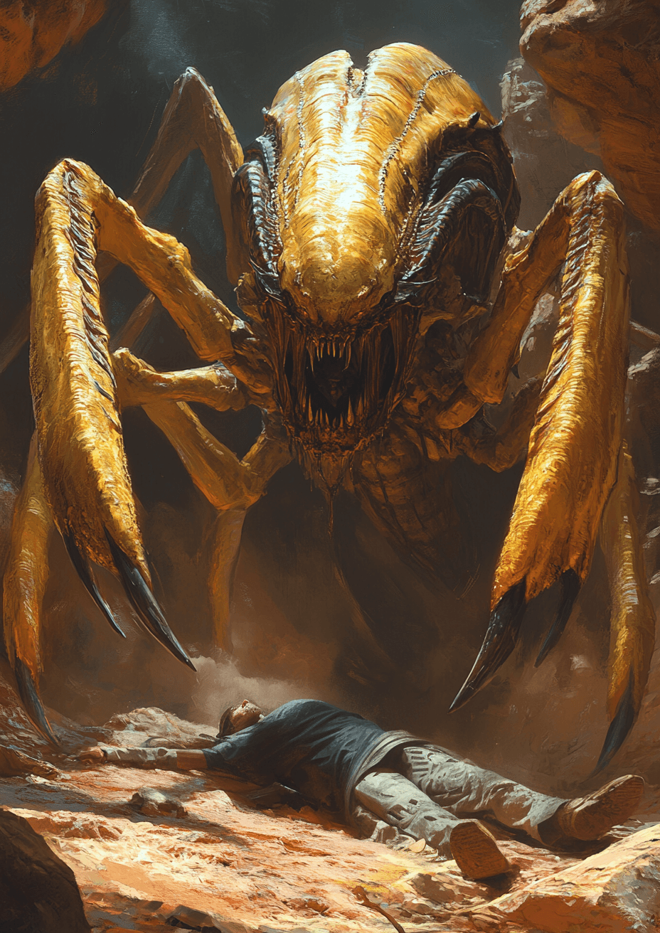 AI generated: A fantasy painting of an alien creature with long arms and large claws standing over the body lying ...