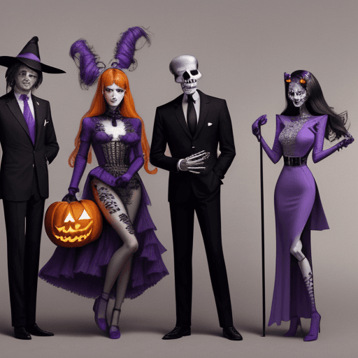 AI generated: A wealthy, high-fashion woman with a jack-o-lantern for a head, a witch wearing a purple tattered dr...