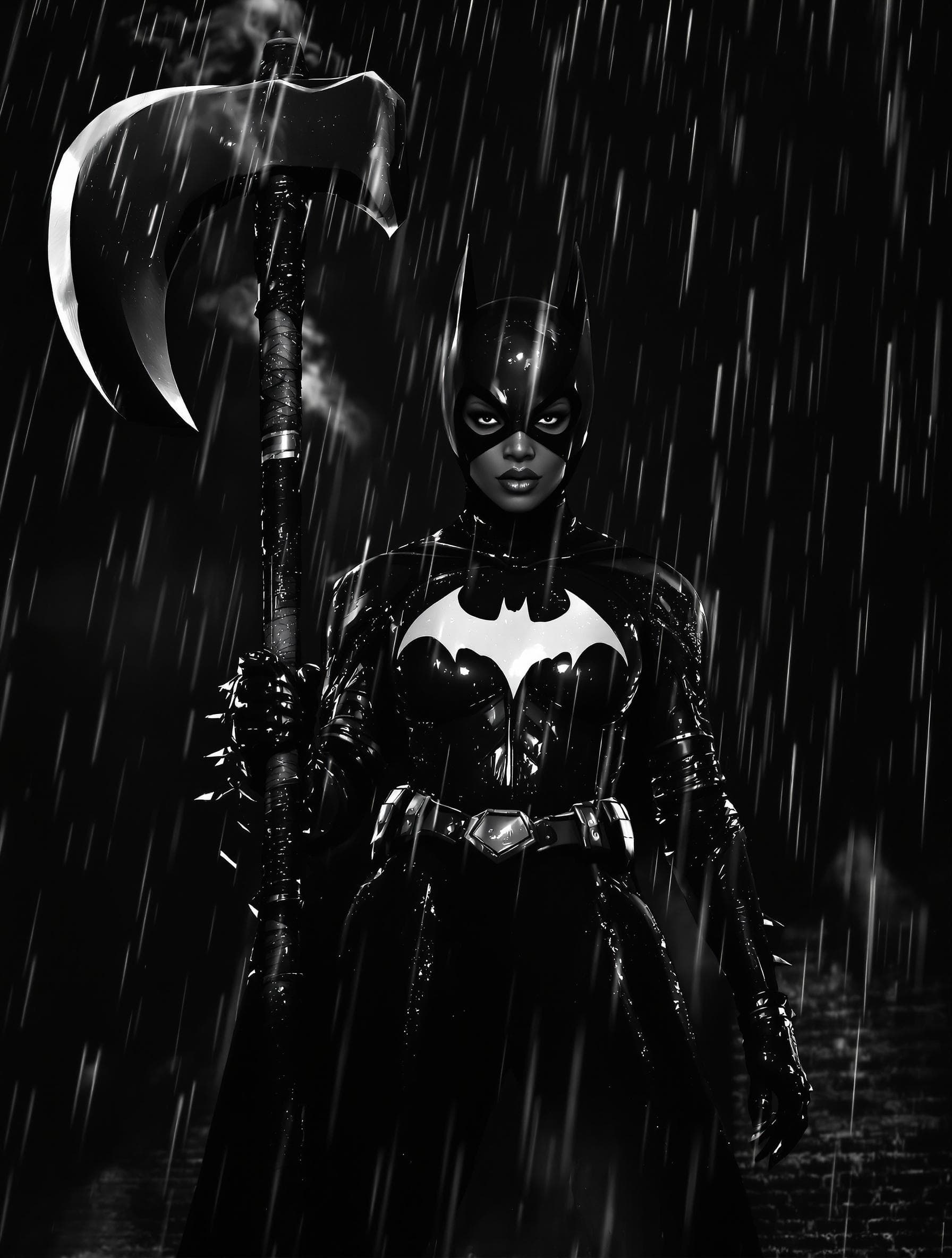 AI generated: In a dramatic scene of rain-swept darkness, Batgirl stands as a powerful symbol of grim justice. The...