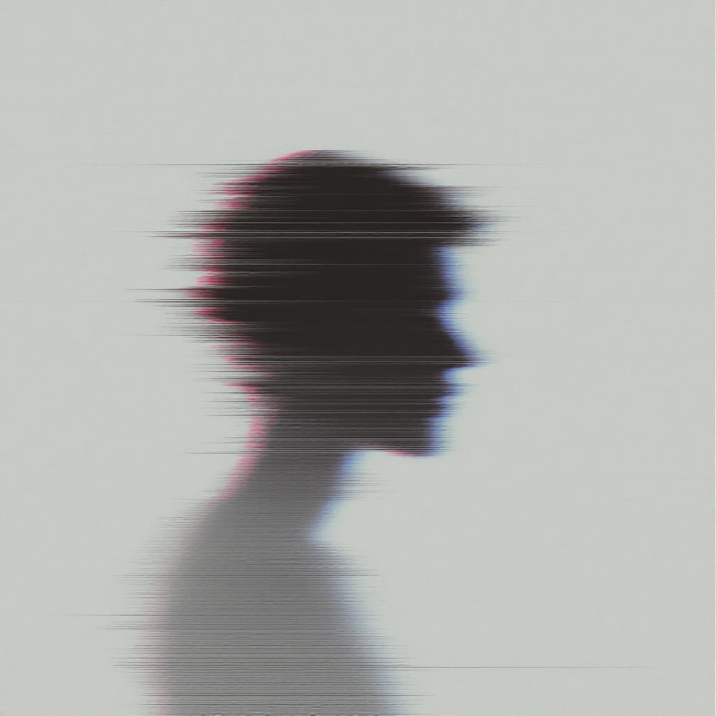 AI generated: glitch art with linear distortion, horizontal scan lines and digital interference, vertical portrait...