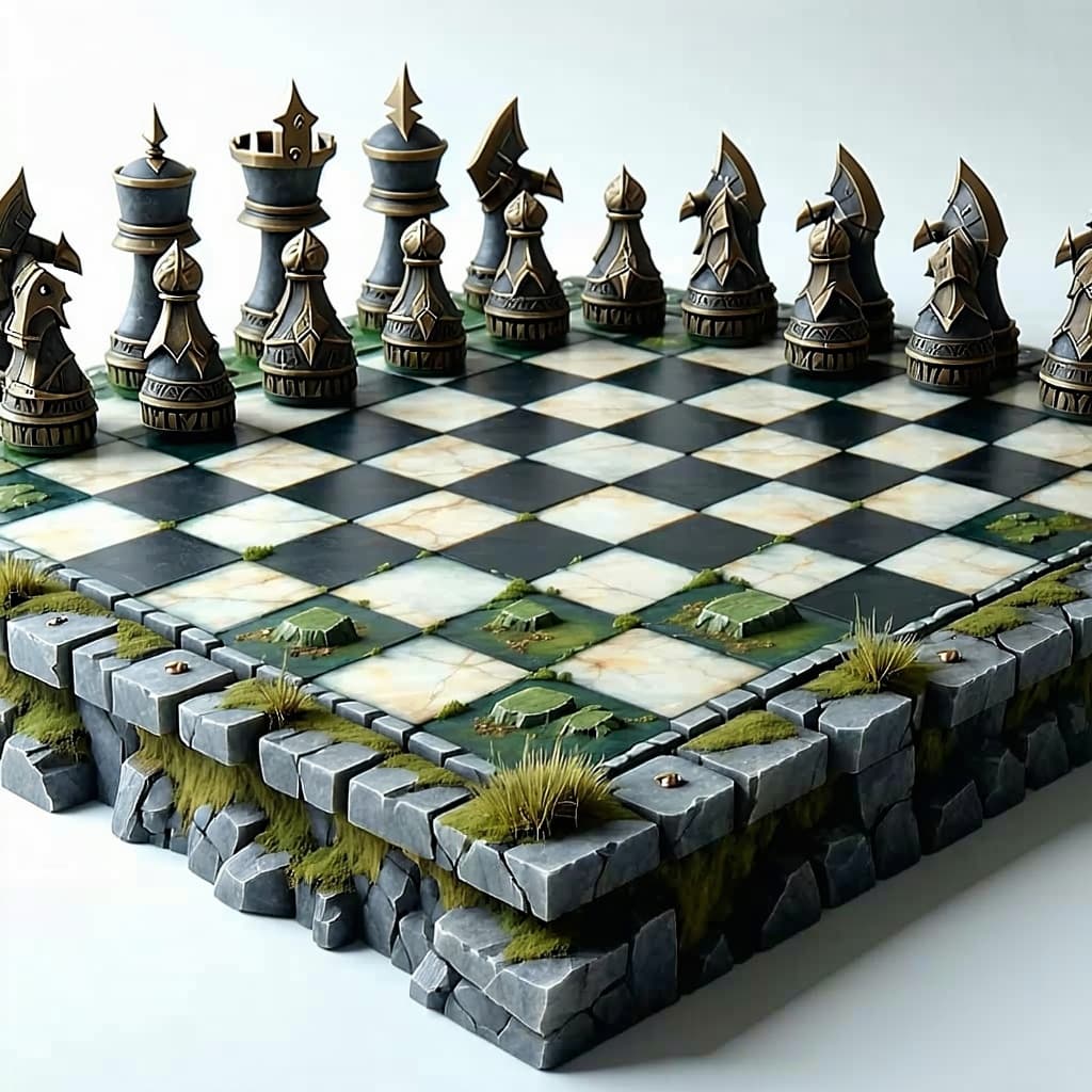 AI generated: world of warcraft stylized made from stone by orcs chess board.