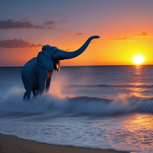 AI generated: Sunset, Blue Elefant, Beach, colourful, Strong Wind, happy people