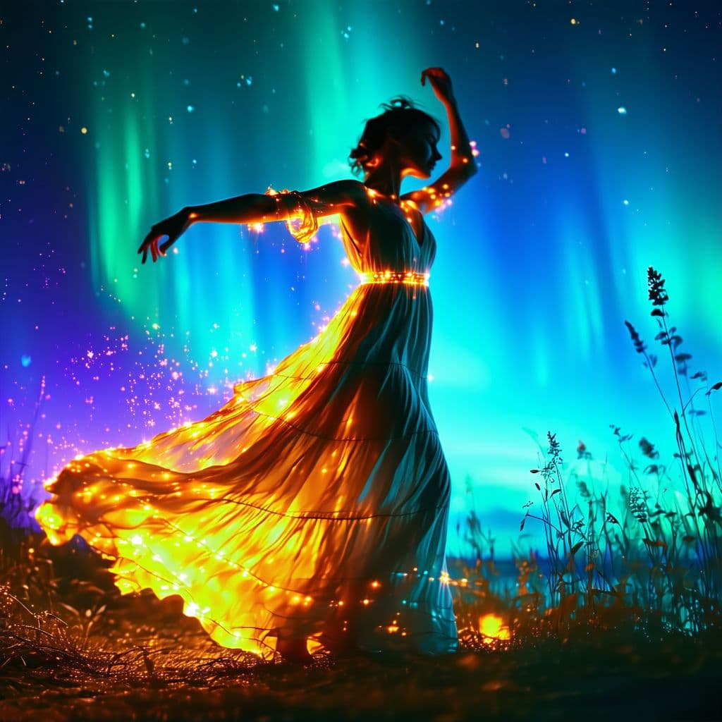 AI generated: chasing electric shadows while dancing underneath neon aurora skies, light and radiant with glowing ...