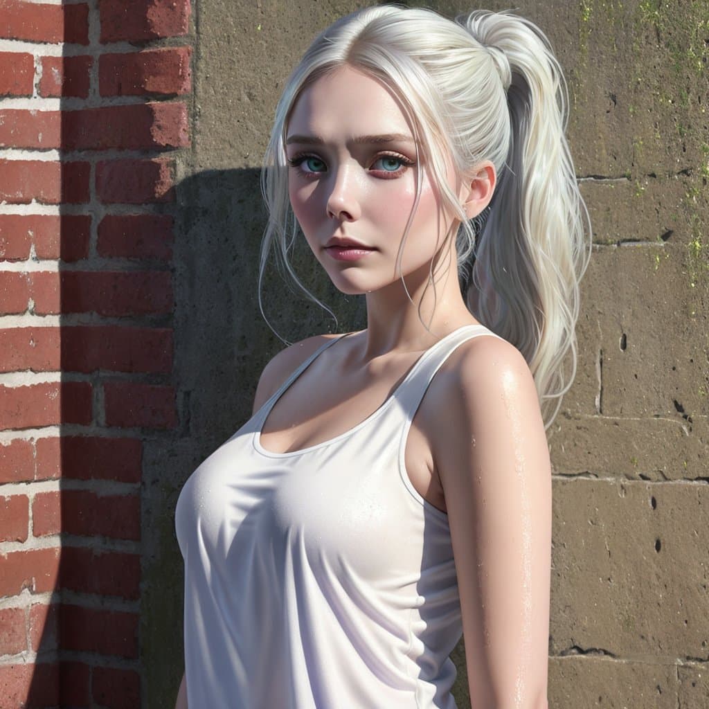 AI generated: elizabeth olsen close up portrait, stands against a wet white brick wall, Water flows down the wall,...