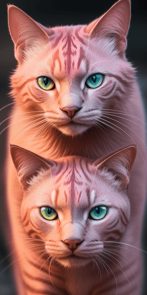 AI generated: Portrait photo of pink cat with fill of lightening colors, fierce eyes, light bokeh, intricate, (ste...