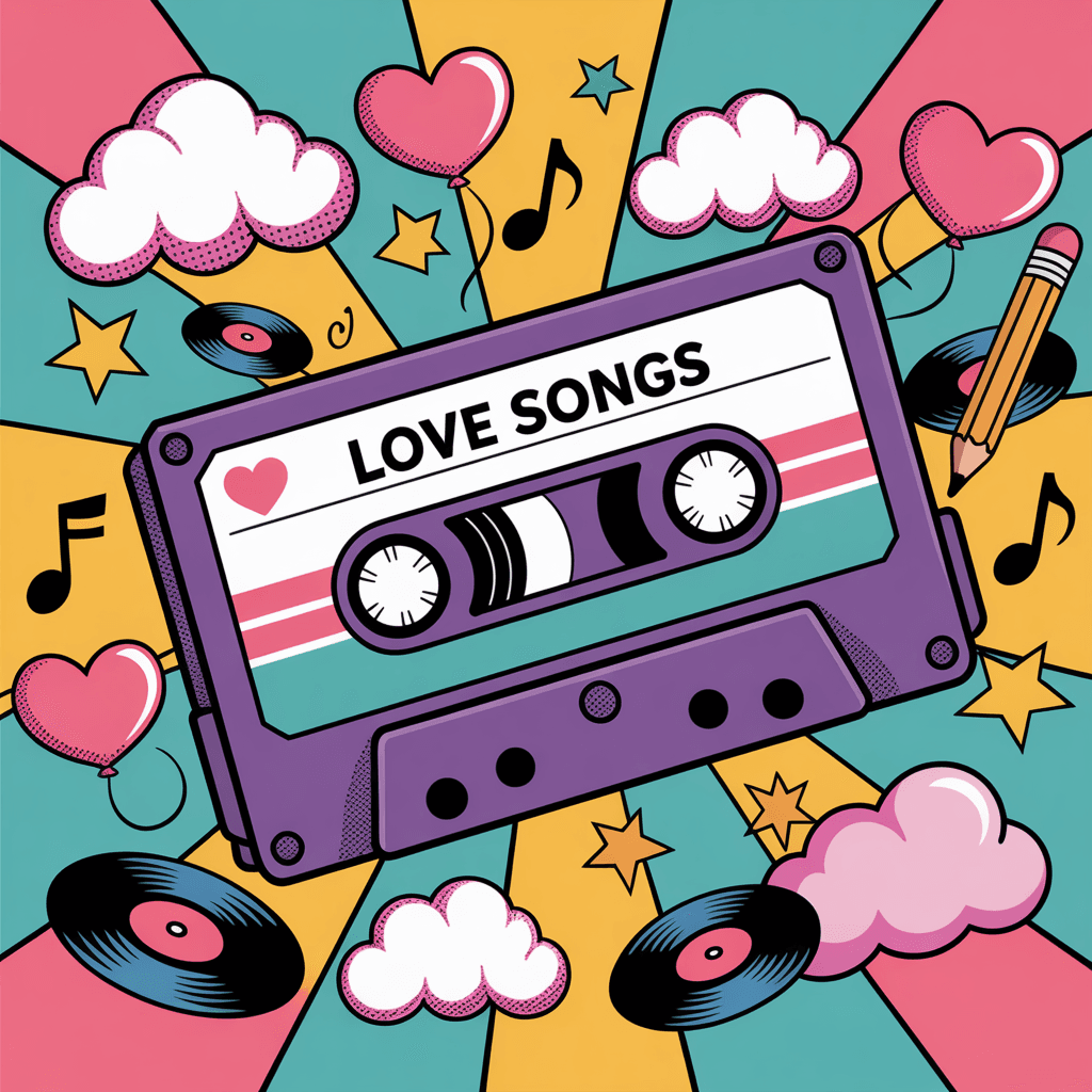 AI generated: Vibrant 2D pop art illustration of a retro ‘LOVE SONGS MIX TAPE’ cassette floating in a dreamy explo...