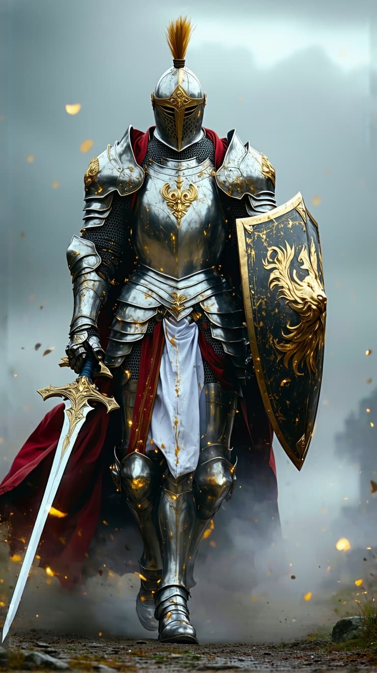 AI generated: An ultra-realistic, zoomed out, front facing, full-body portrait of a noble Paladin in gleaming silv...