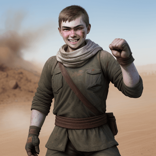 AI generated: The Russian rebel hero stands in a fighting pose, covered in dirt, with a runny nose and a cheerful ...