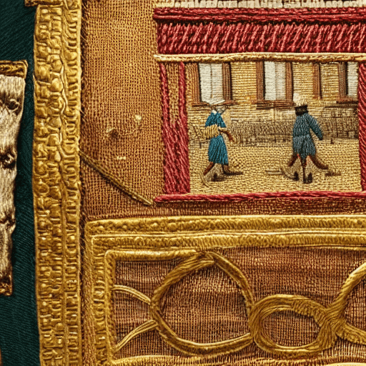 AI generated: hand-stitched embroidery the bustling streets of 18th-century new york brimming with passionate anno...