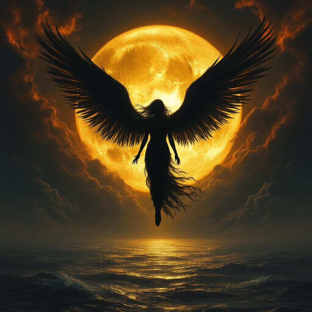 AI generated: A dark angel with shadowy wings floating in front of a giant, glowing golden moon, surrounded by dra...