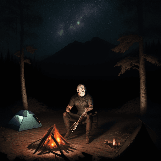 AI generated: Jason Voorhees with his clothes torn and machete on his back and sitting on a log, roasting a wild b...